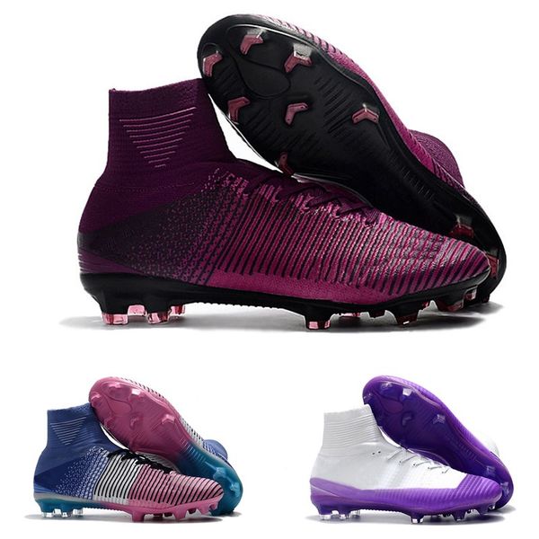 

white red rainbow 100% original soccer shoes mercurial superfly v fg soccer cleats high ankle football boots ronaldo sports sneakers