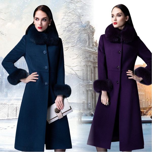 

new quality women long fur collar wool coat luxury thicken single breasted women's slim fit wool long outwear, Black