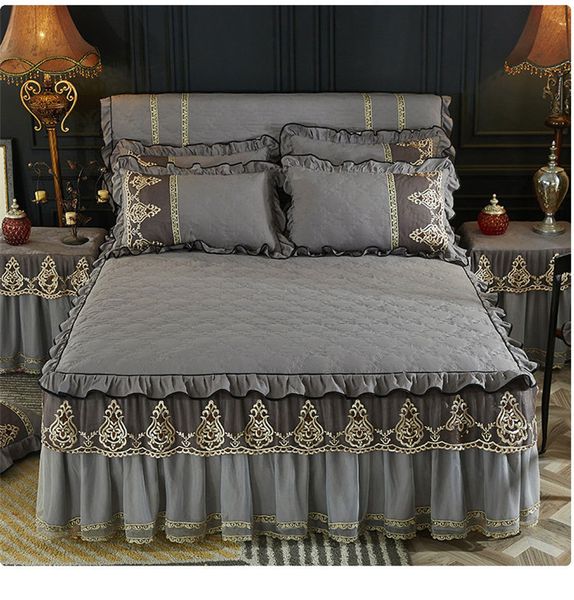 

winter warm thick fitted sheet pillowcases 1/3pcs gray bedding mattress cover solid lace princess bedspread bed skirt king queen