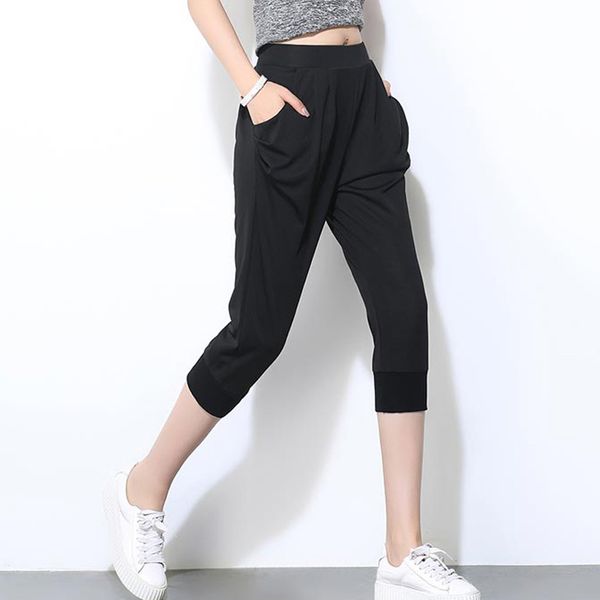 

женщины теленка длина шаровары большой плюс размер s~6xl эластичный пояс тренировочные брюки женские негабаритных свободные брюки черный pan, Black;white