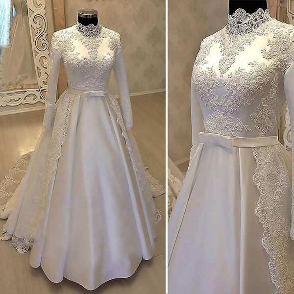 Abiti da sposa musulmani a linea A a maniche lunghe con collo alto in raso arabo con gonna oversize e abito da sposa da sposa applicato in pizzo