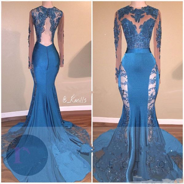 

2019 new hunter jade lace sheer prom dresses keyhole neck mermaid long sleeves see through formal evening gowns backless sequin party dress, Black;red