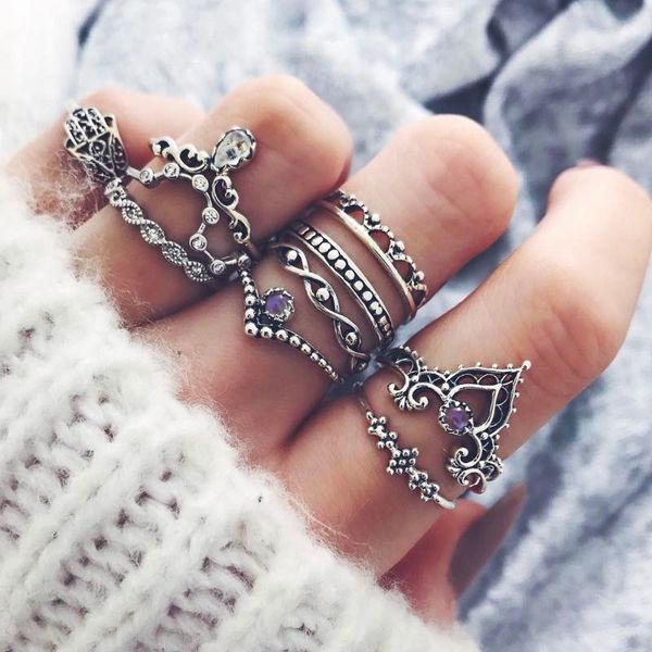 Küme Yüzükler Vintage Rhinestone Knuckle Yüzük Hollow Oyma Paslanmaz Çelik Bir Sette 10 adet