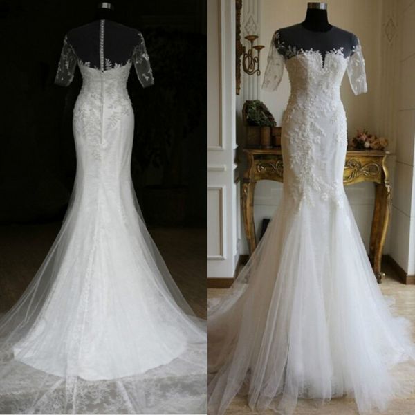 

плюс размер русалка свадебные платья sheer jewel neck с короткими рукавами старинные кружевные аппликации тюль свадебные платья иллюзия наза, White
