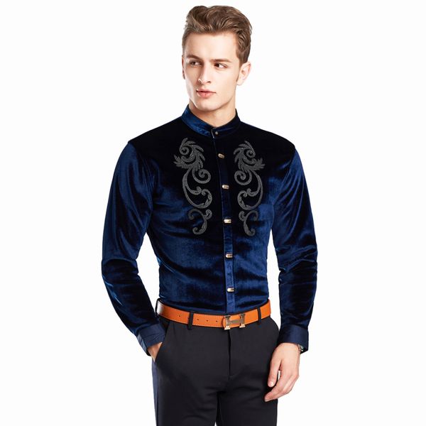 

embroidery velvet shirt men long sleeve mandarin collar shirt for men camisas masculina manga longa mens party button, White;black