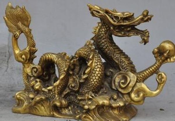 

8"chinese fengshui lucky brass wealth success zodiac dragon beads show statue