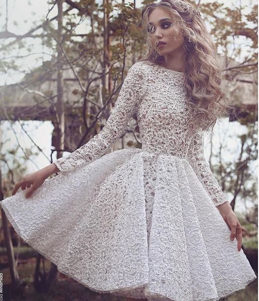 

2019 new arrival said mhamad full lace short cocktail dresses long sleeve scoop neck a line mini formal evening party gowns custom made, Black