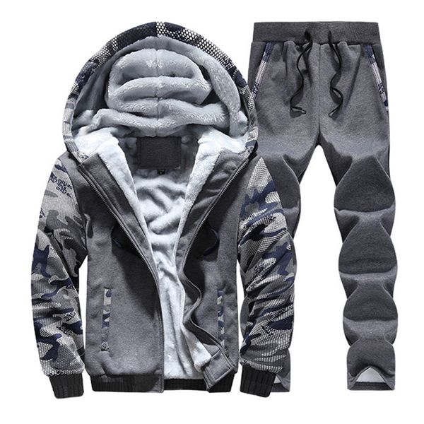 

men tracksuit set winter fleece hood jacket+pants sweatshirts 2 piece set hoodies thicken suit coat sportswear 4xl, Gray