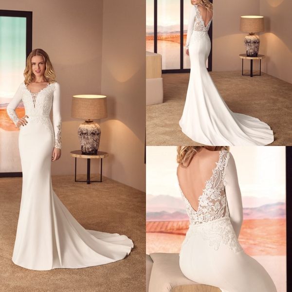 

cabotine 2019 русалка атласные свадебные платья с длинным рукавом свадебные платья v шеи спинки кружева аппликации дамы vestidos свадебное п, White