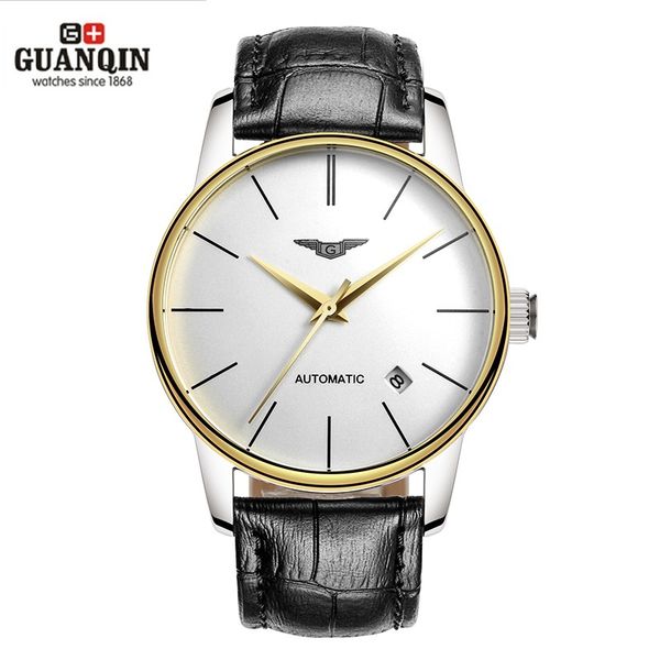 

guanqin men watches automatic mechanical man thin water resistant watches japan movement watch with genuine leather strap clock, Slivery;brown
