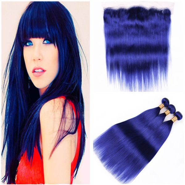 Dark Blue Virgin Brazilian Human Hair Weave Bundles With Frontal