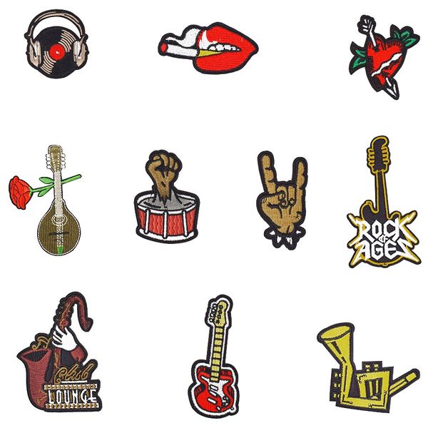 

10pcs punk series patches for headphones heart finger pipa heavy metal horn guitar sa si wind sew embroidery patches for jacket attire patch, Black