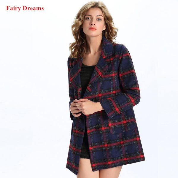 

female coat women double breasted red plaid ladies blend coats england winter wool long jackets cardigan casacos 2018 new style, Black