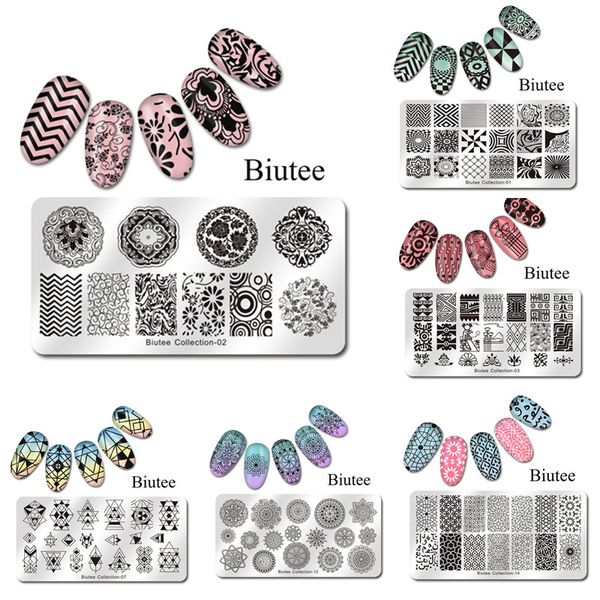

1pc biutee rectangle nail stamping template classical designs flower letter stamp nail 12*6cm stamping plate 15 patterns, White
