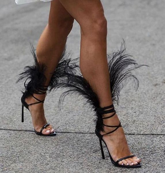 

2018 new fashion shoes women sandals Genuine leather gladiator feather stiletto high heels sandals feminino sandalia party Performance shoes