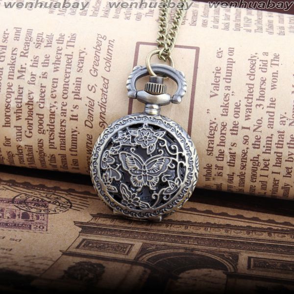 

butterfly flower women pocket watch with necklace chain flip hollow bronze case quartz small pocket watches ladies pendant clock, Slivery;golden