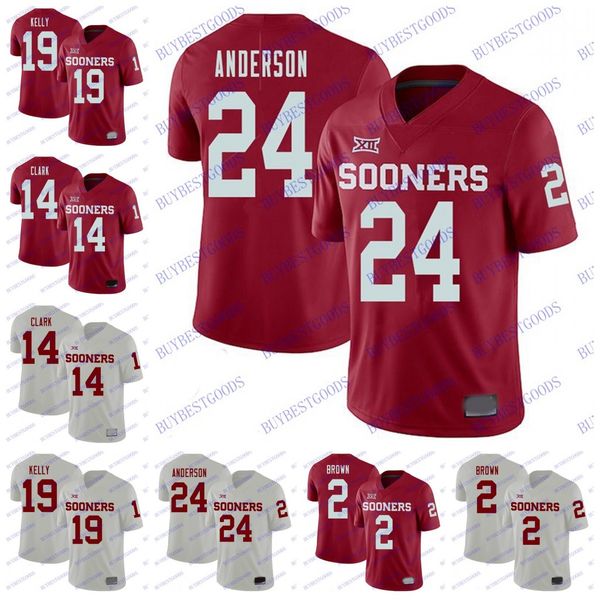 

custom 2018 oklahoma sooners #24 rodney anderson 2 tre brown 14 reece clark 19 caleb kelly college football red white stitched jerseys s-3xl, Black;red