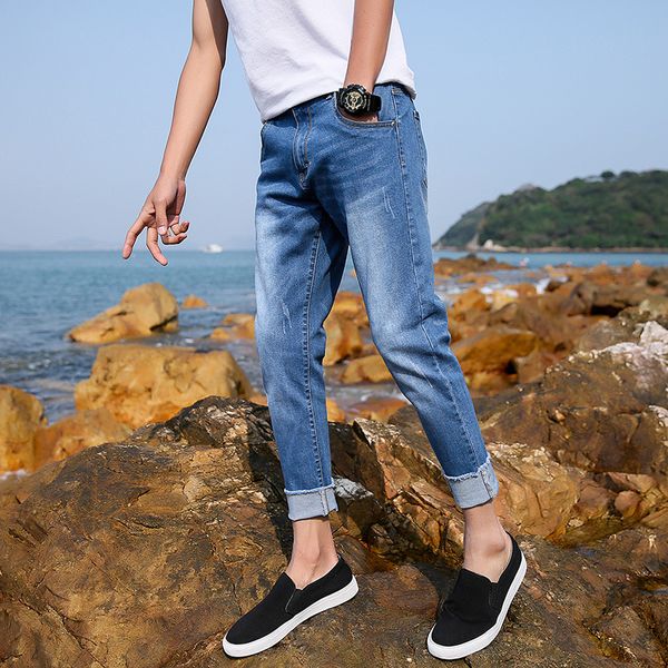 

men jeans spring summer stretch pleated skinny washed men denim jeans casual distressed cuffs retro mens ankle-length pants, Blue