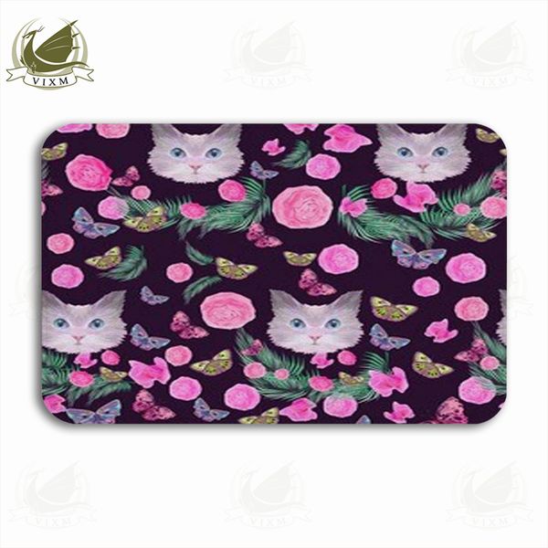 Vixm Bright Cat Head Pink Rose Brown Leaf Butterfly Welcome Door