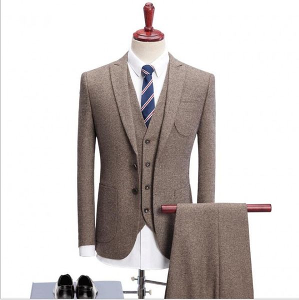 Brown Wool Tweed Herringbone Wedding Tuxedos Groom Wear Suit Groomsmen ...