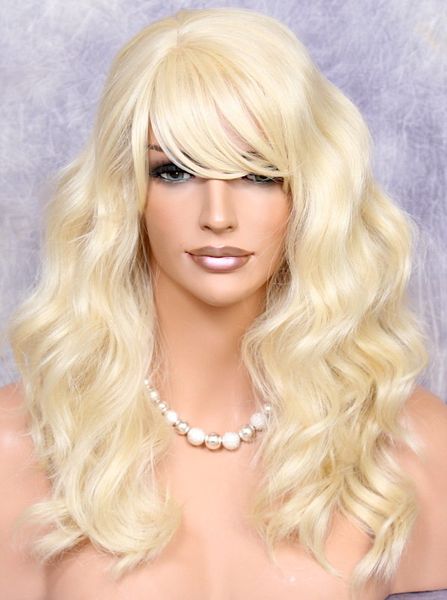 

human hair blend long beach blonde wavy heat safe wig w. bangs mar 613, Black;brown
