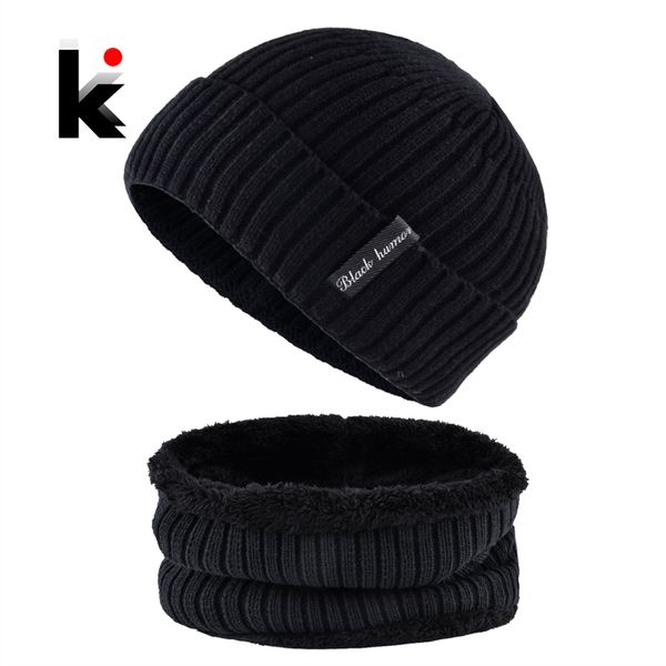 

knitted wool hat for men solid color knit hats and scarf sets man winter warm skullies beanies scarves add velvet bonnet caps