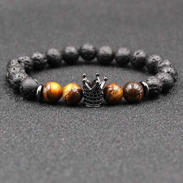 

hobborn trendy men women wrist beads bracelet 8mm natural tiger eye lava stone handmade strand healing reiki prayer balance cruz, Golden;silver