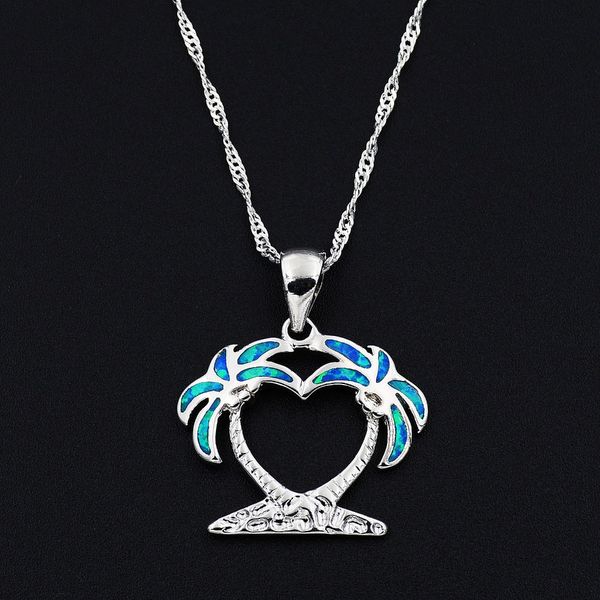 

ocean blue opal palm tree beach island pendant necklace with lab-created opal, Silver