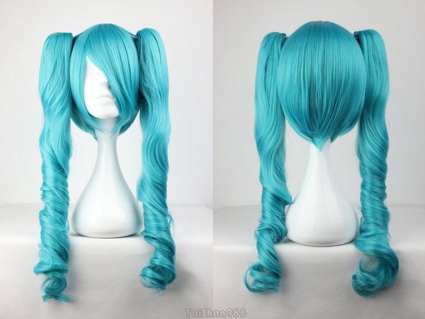 Sıcak Satmak Yeni Vocaloid Hatsune Miku Iki Ton Kıvırcık Ponytails Mavi Cosplay Peruk + Kap