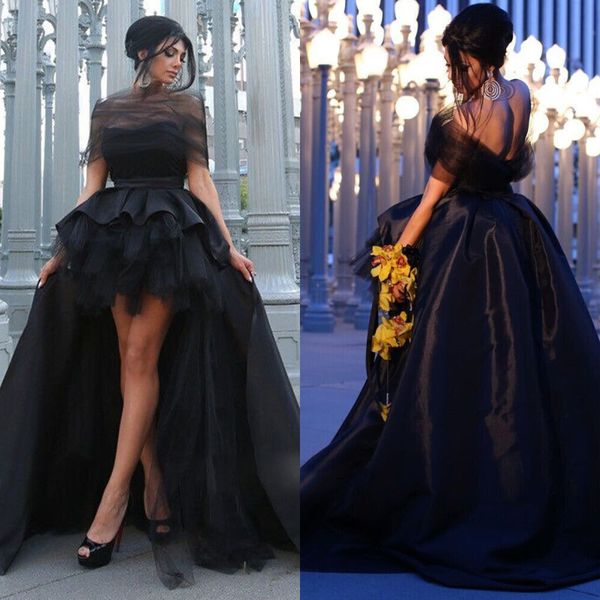 

sexy balck пром платья короткие передний длинные назад tiers юбка 2020 милая плеча специальный коктейль платье высокий низкий вечерние плать, Black