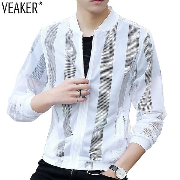 

2018 autumn new men's mesh jackets coat male thin bomber jacket hollow out white black sun protection outerwear m-5xl, Black;brown