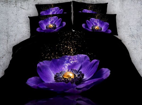 

3pcs black bed sheets with mystic purple flower bedding set hd digital purple duvet covers single  super king size bedlinen