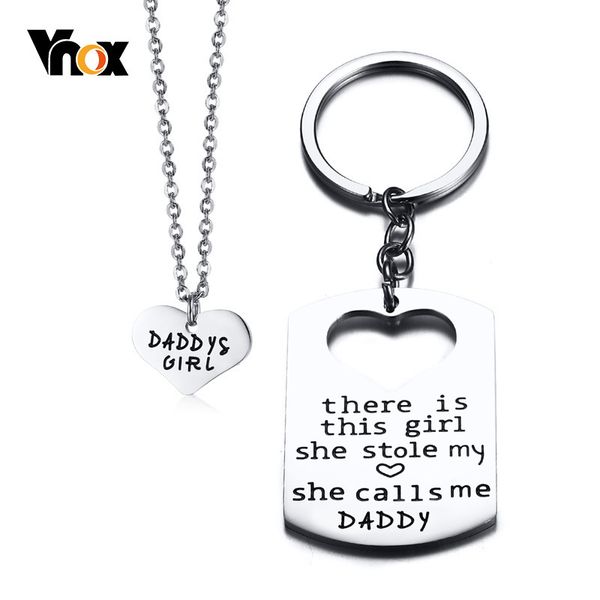 

vnox gifts for dad necklace father daughter stainless steel key chain necklace set who stole my heart she calls me daddy, Silver