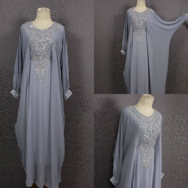 Grauer Kaftan Kleider für die Brautmutter, Luxus-Perlen-Langarm-Kaftan-Maxikleid mit Pailletten, Abendkleider in Übergröße, Dubai-Abaya-Kleid