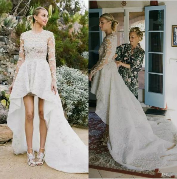 

elegant full lace high low country wedding dresses jewel long poet sleeve beach wedding dresses zipper back sweep train boho bridals gown, White