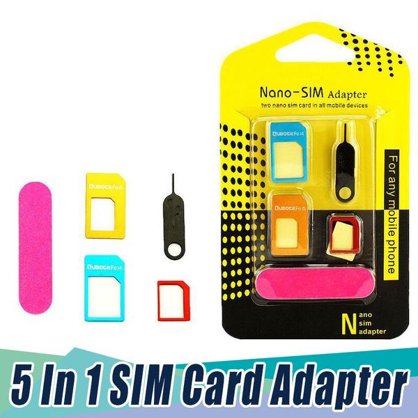 

5 in 1 nano sim card adapters + regular & micro sim + standard sim card & tools for iphone xs x 8 7 6s 6plus retail box 500pcs/lot