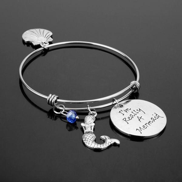 

dongsheng little mermaid inspired bracelet i'm really a mermaid pendant crystal shell charm bangle bracelet for women girl-25, Black