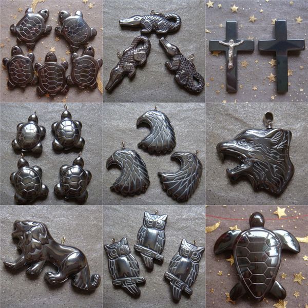 

natural hematite cat wolf turtle bear crocodile tiger head owl dolphins cross leaf charm pendants for necklace making, Black