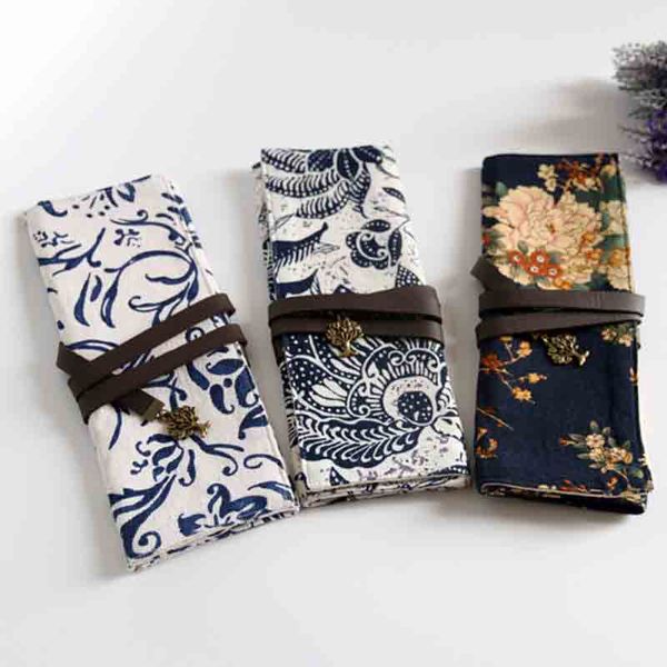 

chinese style original hand-wrapped cotton and linen cloth art stationery bag pen bag pocket change wrapping rope