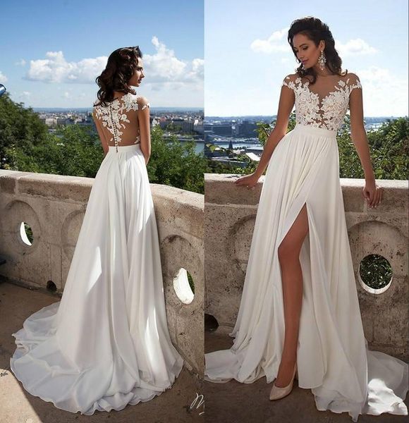 

summer beach wedding dresses millanova 2018 sheer lace appliqued a line capped sleeves high split chiffon bridal gowns cps493, White
