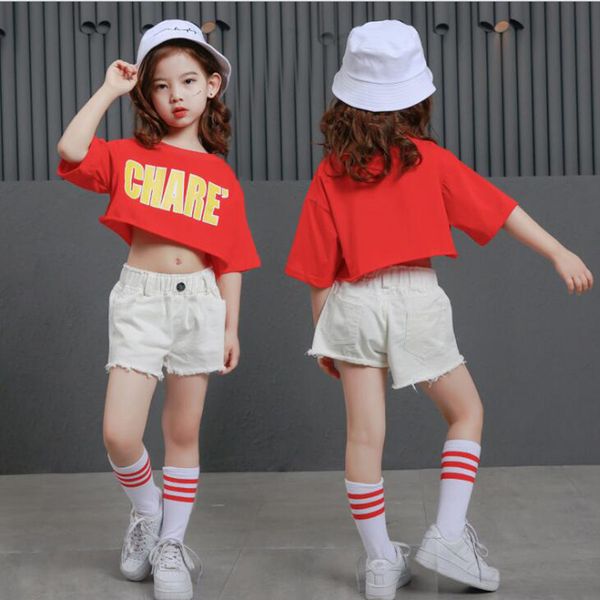 

kids ballroom hip hop dance competition costumes clothes suits girl modern jazz stage t shirt pants dancing clothing outfits, Black;red