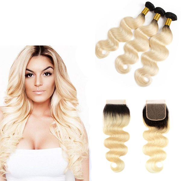 

brazilian honey blonde virgin hair 3 bundles with closure 1b/613# body wave hair weaves ombre human hair extensions with lace closure, Black;brown