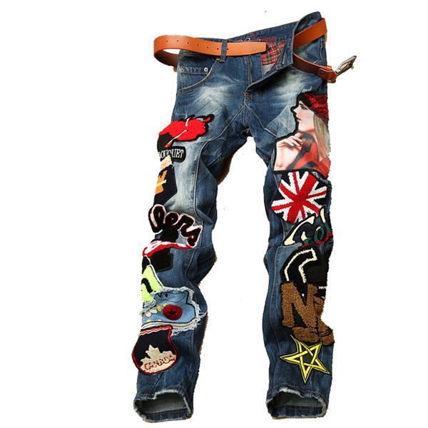 

punk style blue embroidery lady sequins denim pants men jeans runway slim racer biker jeans fashion hiphop skinny for men
