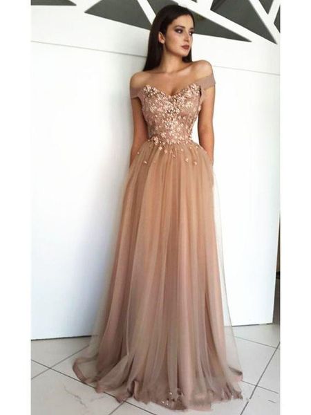 

2018 New Sexy Off The Shoulder Tulle A Line Prom Dresses Lace Applique Floor Length Formal Party Long Evening Dresses Custom Made, Black