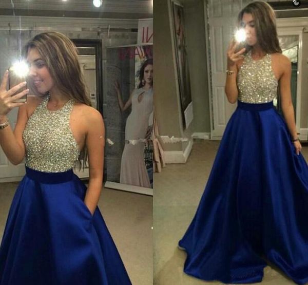 

royal blue satin prom dresses for women with beaded pocket halter floor length zipper formal evening party gowns, Black
