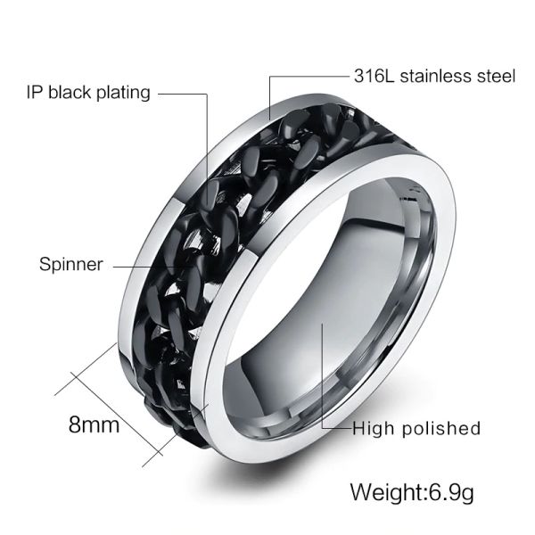 

10pcs fashion men s ring the punk rock accessories stainless steel black chain spinner rings for men 3 color usa size 6 -15, Golden;silver