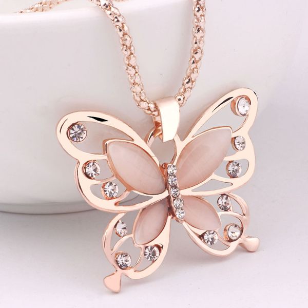 

rose gold acrylic crystal 4cm big butterfly pendant necklace 70cm long chain sweater jewelry for women, Silver