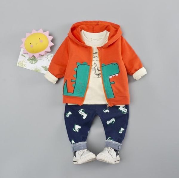 

autumn fashion baby boy clothing kids sport suits dinosaur 3pcs embroidered long sleeves hooded coat clothes set, White