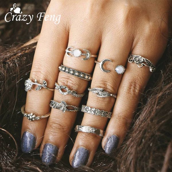 

crazyfeng 11pcs/set boho vintage punk antique flower carved midi finger ring for women bohemian knuckle ring set jewelry anillos, Golden;silver