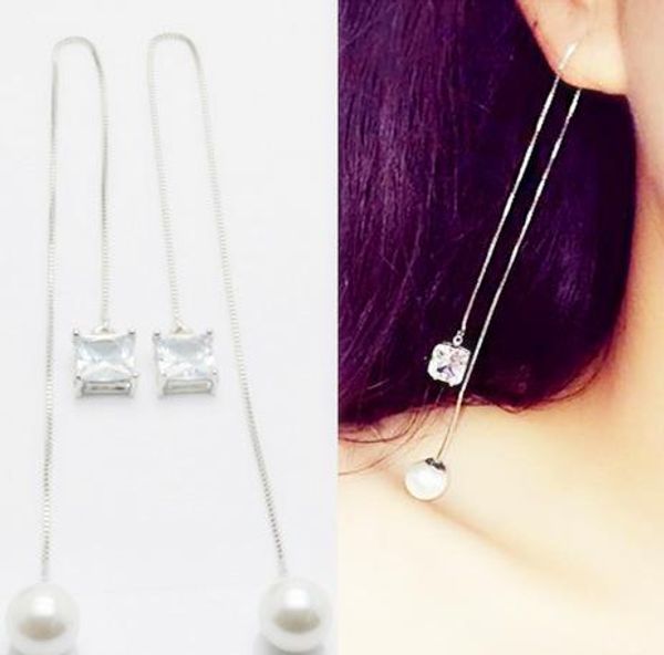 

the new shining pearl ear line square zircon earrings long fringe earrings jewelry fashion, Golden